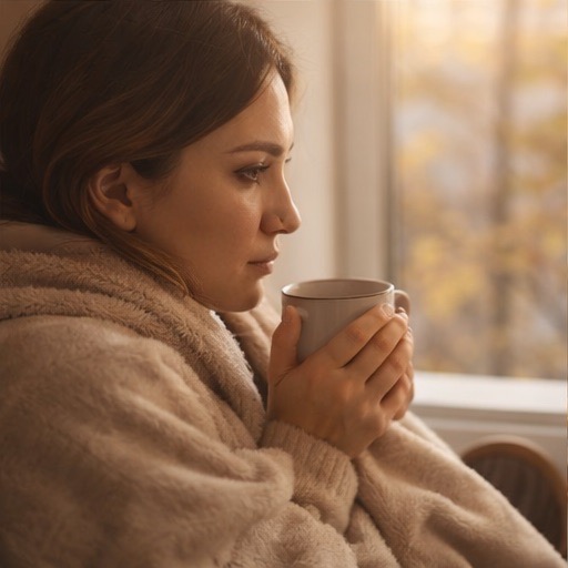 Woman wrapped in a cozy sweater holding a warm mug and gazing thoughtfully out a window in autumn light